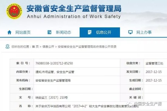 <em>安庆</em>万华油品事故责任认定和处理意见公布 区安监局局长被撤职