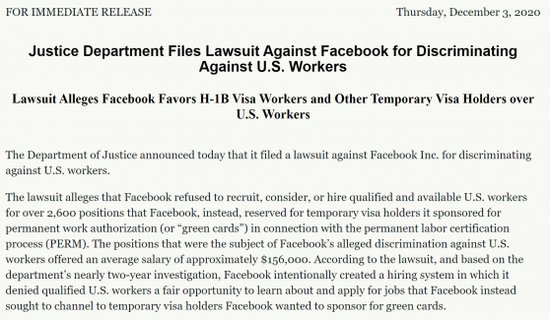 美国司法部以“歧视美国劳工”起诉Facebook 反垄断诉讼最快“...