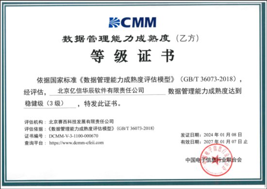 亿<em>信华</em>辰荣获DCMM稳健级认证 数据管理能力达国家标准