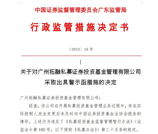 <em>实际控制人</em>变更后未及时报告，广州拓融被警示