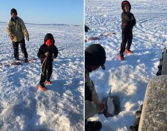 阿拉斯加6岁男孩第一次冰钓幸运<em>钓</em>到一米长大鱼