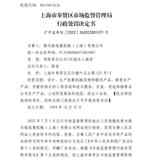德马格上海公司遭罚2万元 涉发布虚标专利违法广告