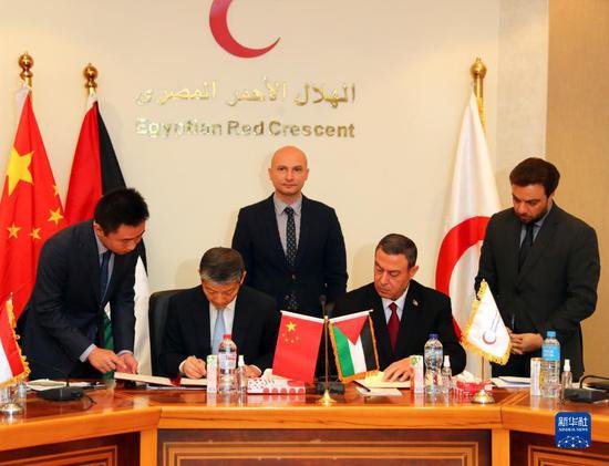 中国向加沙提供紧急人道主义物资援助交接证书<em>签字</em>仪式在开罗...