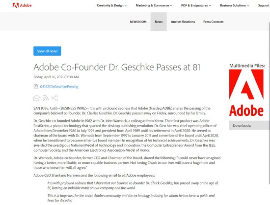 Adobe联合创始人、PDF开发者格什克去世，享年81岁