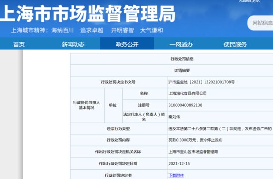 上海淘化食品虚假宣传遭罚款 为淘<em>大</em>食品旗下<em>公司</em>
