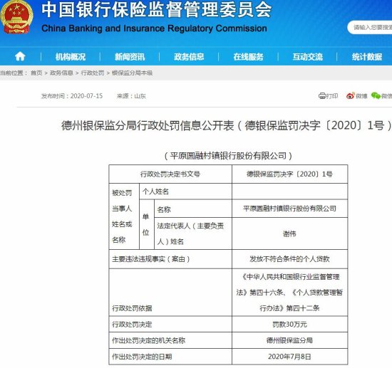 平原圆融村镇银行违法遭罚30万 发放<em>不符合条件</em>的个人贷款