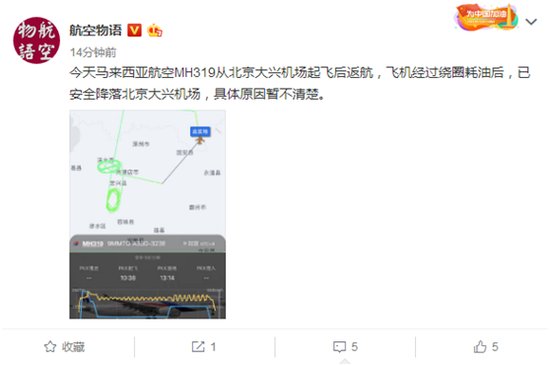 快讯!马航MH319从北京大兴机场起飞后返航，原因尚不清楚