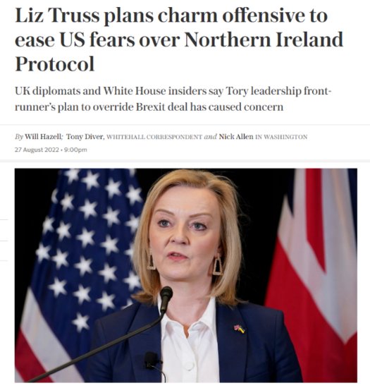 英媒爆：特拉斯可能推翻“北爱尔兰议定书”的<em>计划</em>在华盛顿引起...