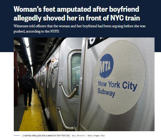 纽约地铁再发伤人事件<em> 女子</em>被男友<em>推</em>下站台遭列车撞击