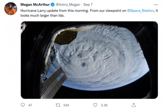 ISS宇航员分享飓风“拉里”照：<em>看起来</em>比“艾达”要<em>大</em>得多