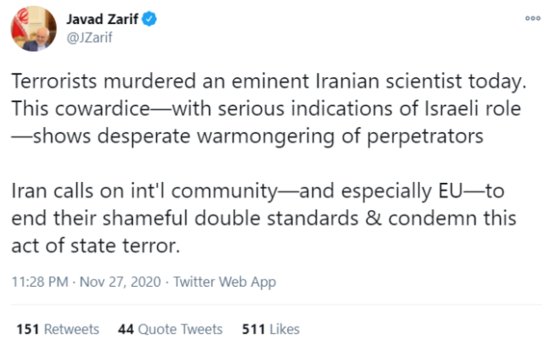 <em>伊朗核科学家遇袭身亡</em>，<em>伊朗</em>外长：明显迹象表明以色列参与了...